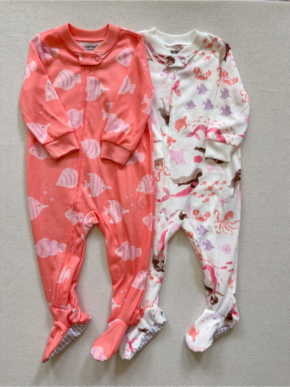 Carters Mermaid Fish Print Long Sleeve Footed Pajama Set Lot of 2 12 Months